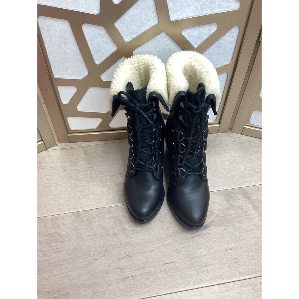 Sorel Women After Hours Lace Up Shearling Black Leather Wedge Boots fur collar 7 - Picture 9 of 11